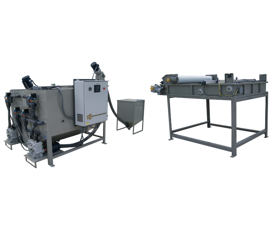 ClearFlow   CF-800 800 Gallon Batch Treatment capacity up to 1600 GPH, fully automated process.  Stainless Steel construction, powder and ceramic coating. 500 pound ClearFloc hopper with flexible auger dosing.  Sludge Press included that will remove more water from the flocc solids by providing a progressive pressure force as the solids are advancing on the belt.