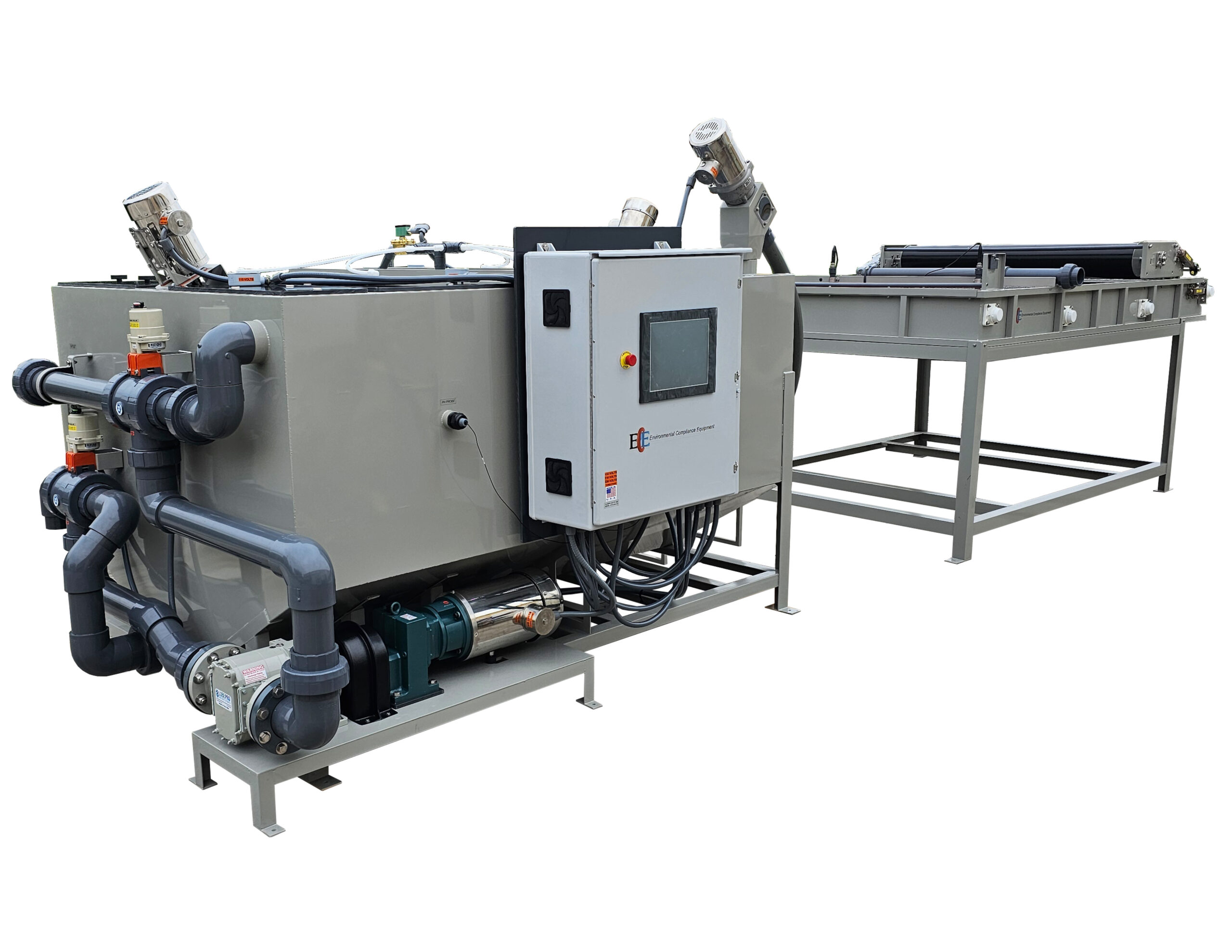 ClearFlow CF-1200 1200 Gallon Batch Treatment capacities up to 2400 GPH, in a fully automated process.  Stainless Steel construction, powder and clear ceramic coating. Automation includes HMI Touchscreen, VFD on all motors, process monitoring to ensure proper treatment.  1200 pound ClearFloc hopper with flexible auger dosing.  Optional Sludge Press available that will remove more water from the flocc solids by providing a progressive pressure force as the solids are advancing on the belt.
