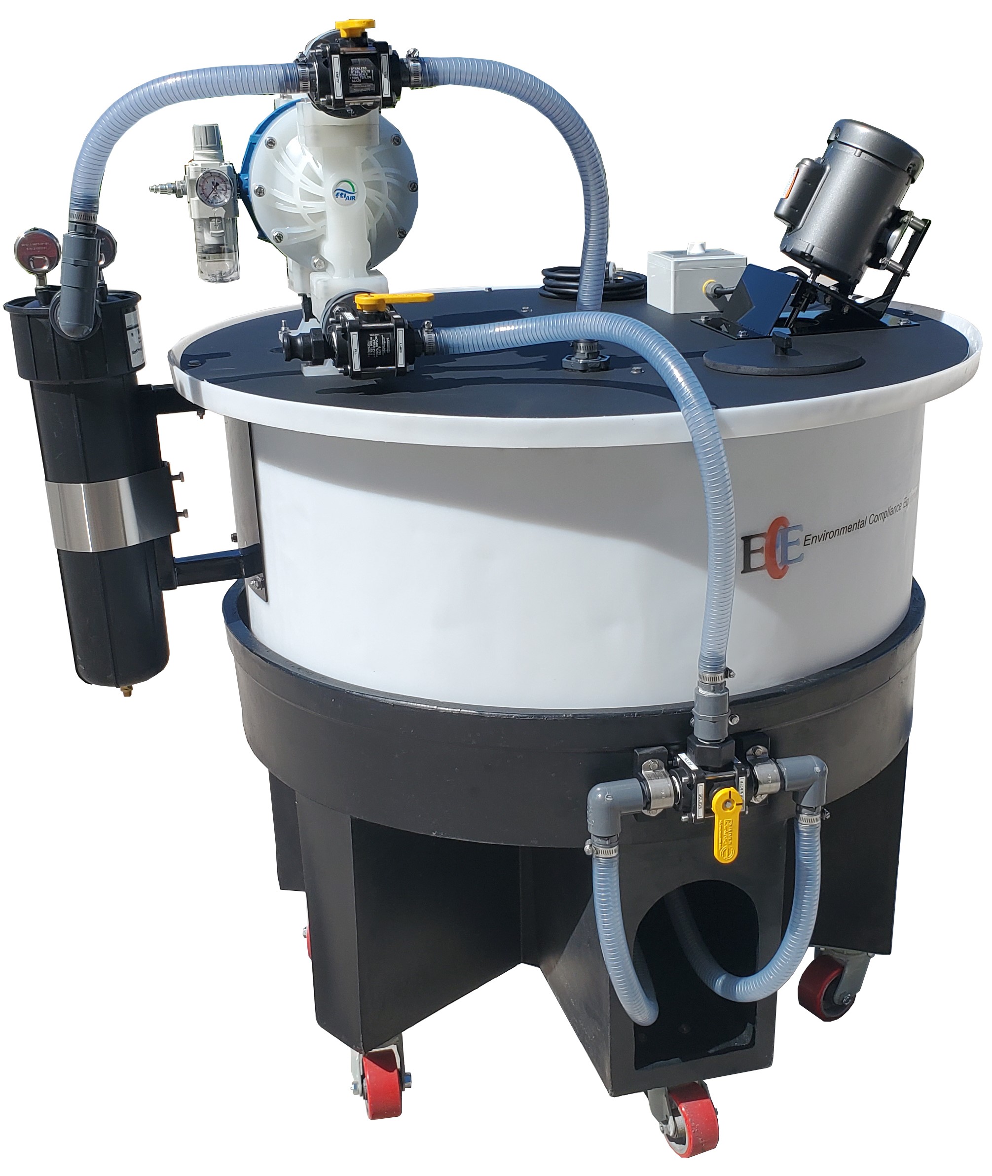 ClearFlow CF-125 125 Gallon Batch Treatment capacity up to 375 GPH, Semi automated process.  Poly Propylene and Stainless Steel construction. Mobile unit allowing placement near water to be treated then stored out of the way until needed.  Air Diaphragm pump for filling and draining system.  100 micron bag filter for solids removal.
