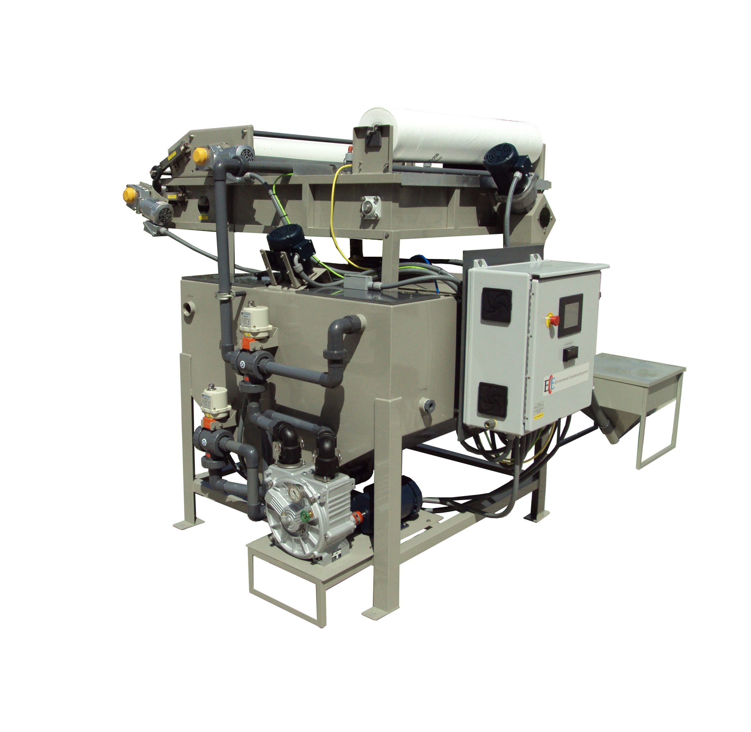 ClearFlow CF-200 200 Gallon Batch Treatment capacities up to 400 GPH, in a fully automated process.  Stainless Steel construction, powder and clear ceramic coating. Automation includes HMI Touchscreen, VFD on all motors, process monitoring to ensure proper treatment.  250 pound ClearFloc hopper with flexible auger dosing.  Optional Sludge Press available that will remove more water from the flocc solids by providing a progressive pressure force as the solids are advancing on the belt.