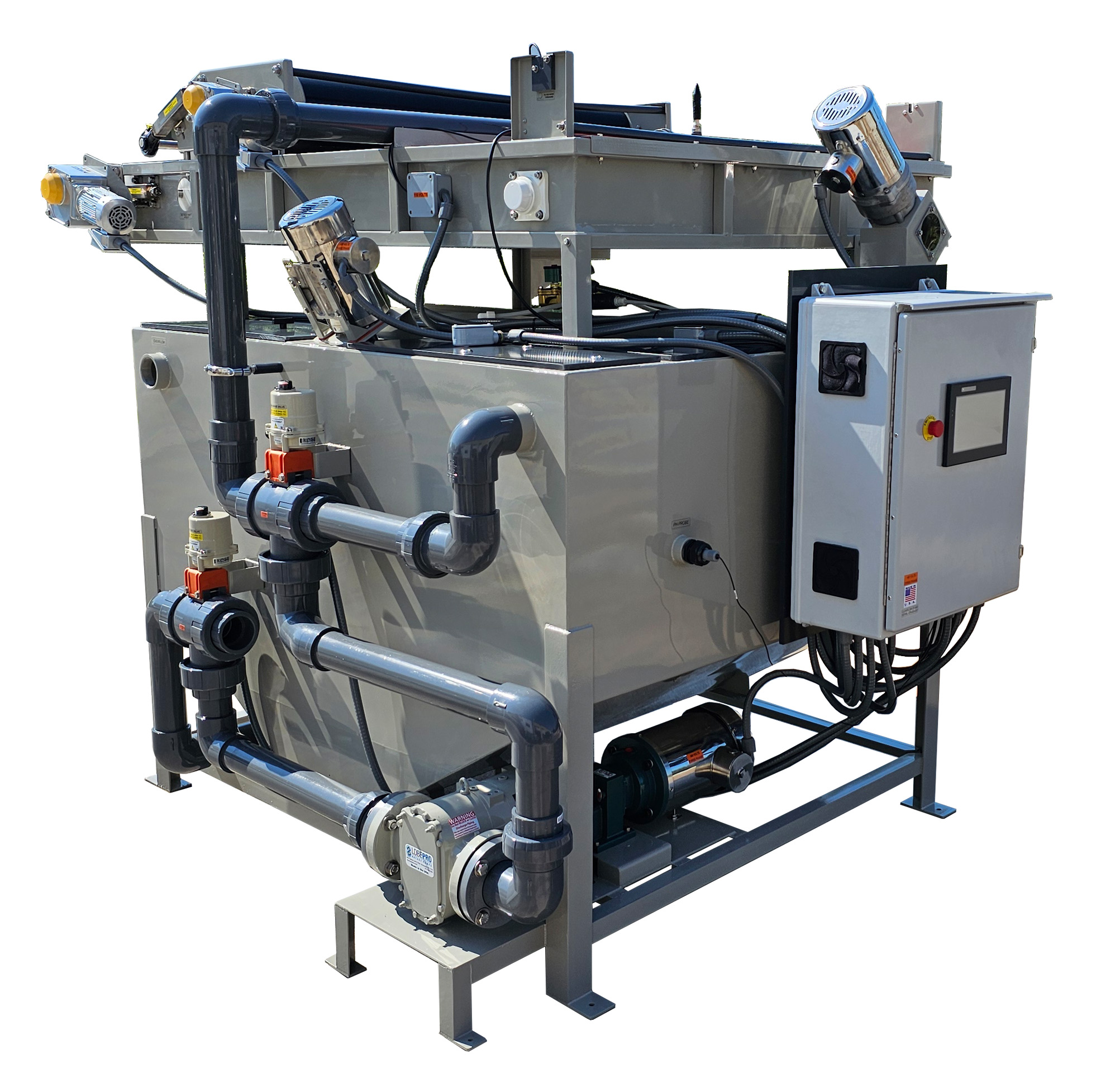 ClearFlow CF-600 600 Gallon Batch Treatment capacity up to 1200 GPH, fully automated process.  Stainless Steel construction, powder and ceramic coating. Automation includes HMI Touchscreen, VFD on all motors, process monitoring to ensure proper treatment. 250 pound ClearFloc hopper with flexible auger dosing. Optional Sludge Press available that will remove more water from the flocc solids by providing a progressive pressure force as the solids are advancing on the belt.